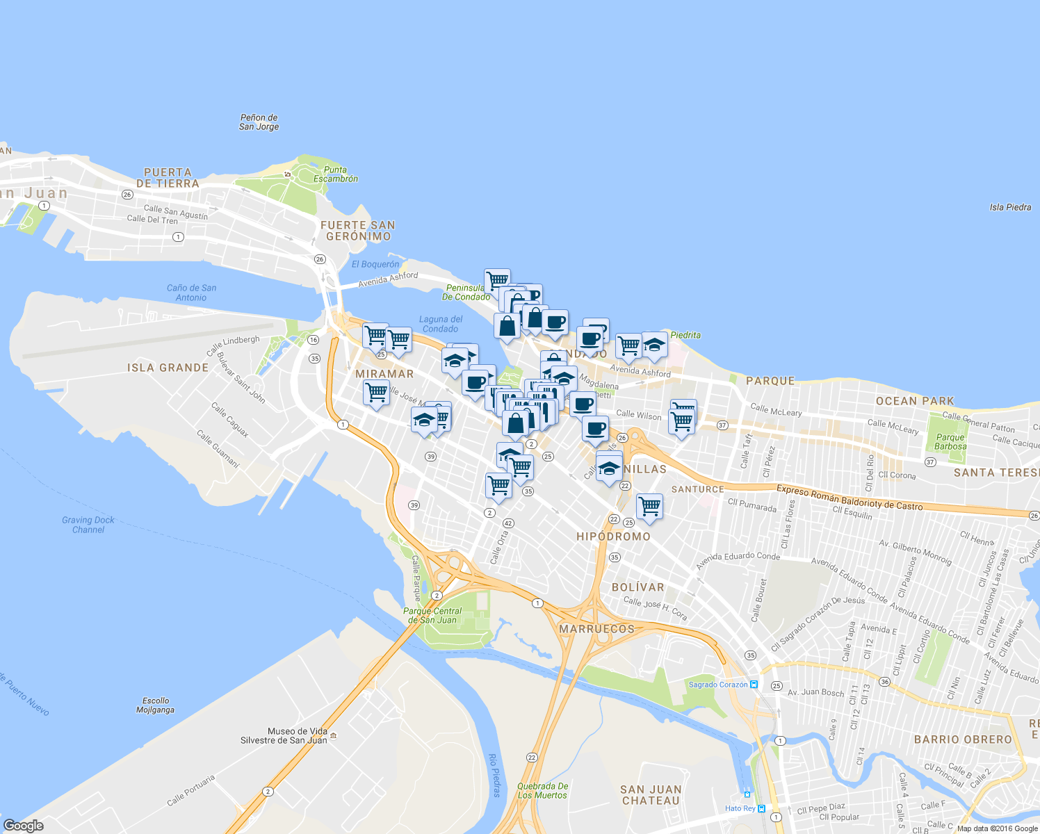 map of restaurants, bars, coffee shops, grocery stores, and more near 200 Calle Jesús Tizol in San Juan