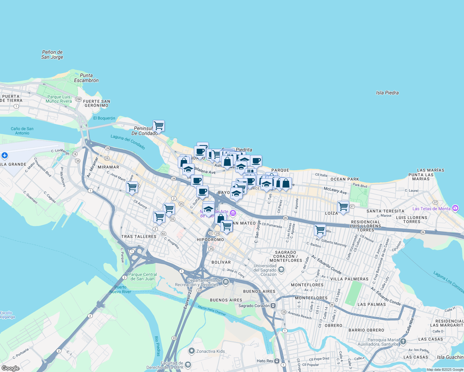 map of restaurants, bars, coffee shops, grocery stores, and more near 66-70 Calle Placid Court 1 in San Juan