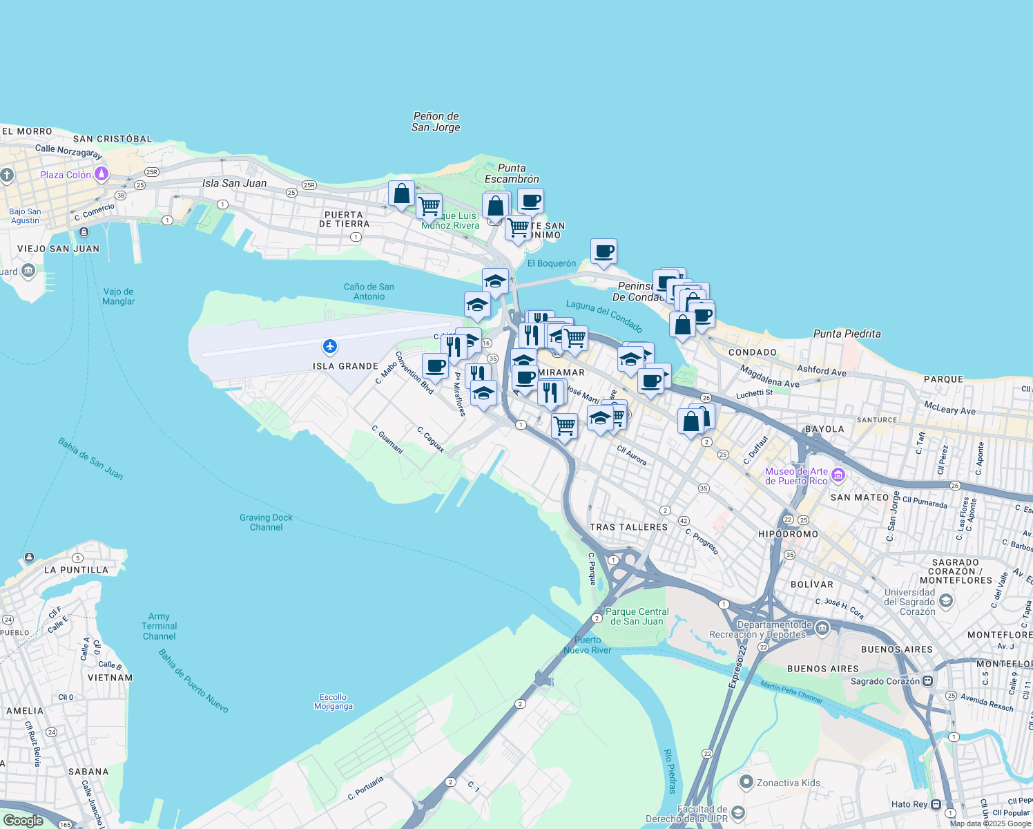 map of restaurants, bars, coffee shops, grocery stores, and more near Puerto Rico 1 in San Juan