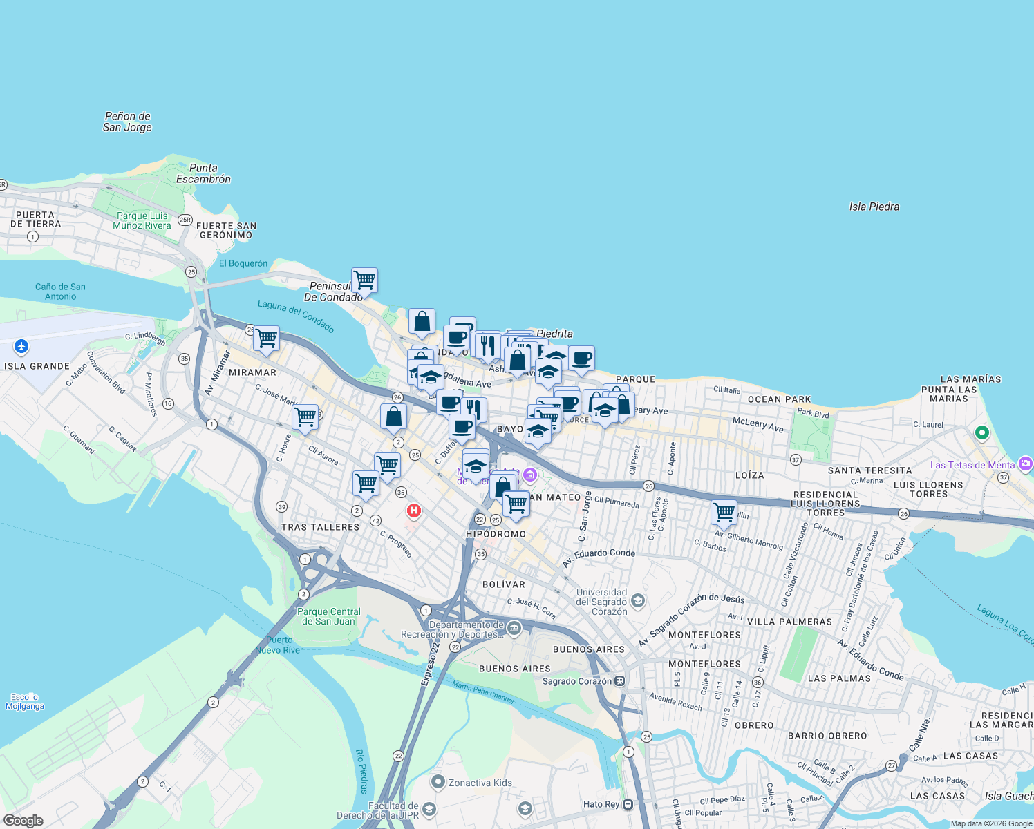 map of restaurants, bars, coffee shops, grocery stores, and more near 72 Calle Manuel Rodríguez Serra in San Juan