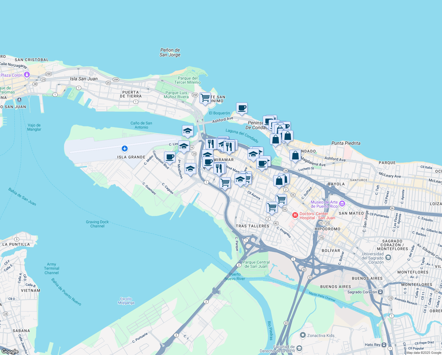 map of restaurants, bars, coffee shops, grocery stores, and more near 705 Calle Estado in San Juan
