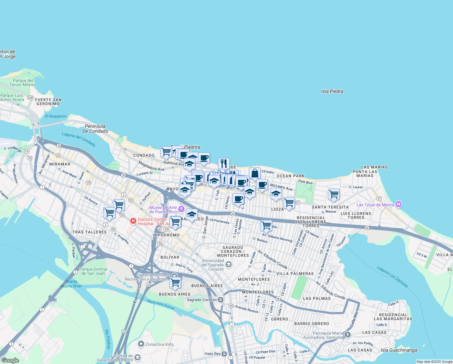 map of restaurants, bars, coffee shops, grocery stores, and more near in San Juan