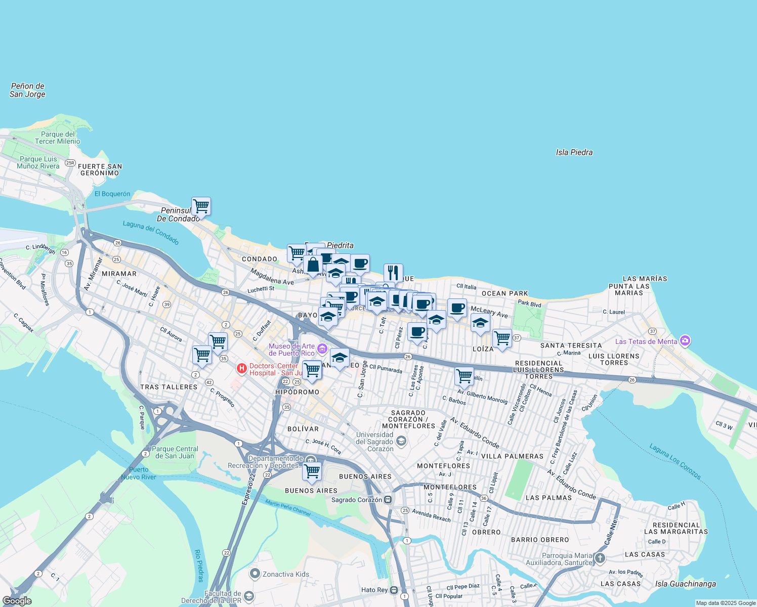 map of restaurants, bars, coffee shops, grocery stores, and more near 70 Calle Kings Court in San Juan