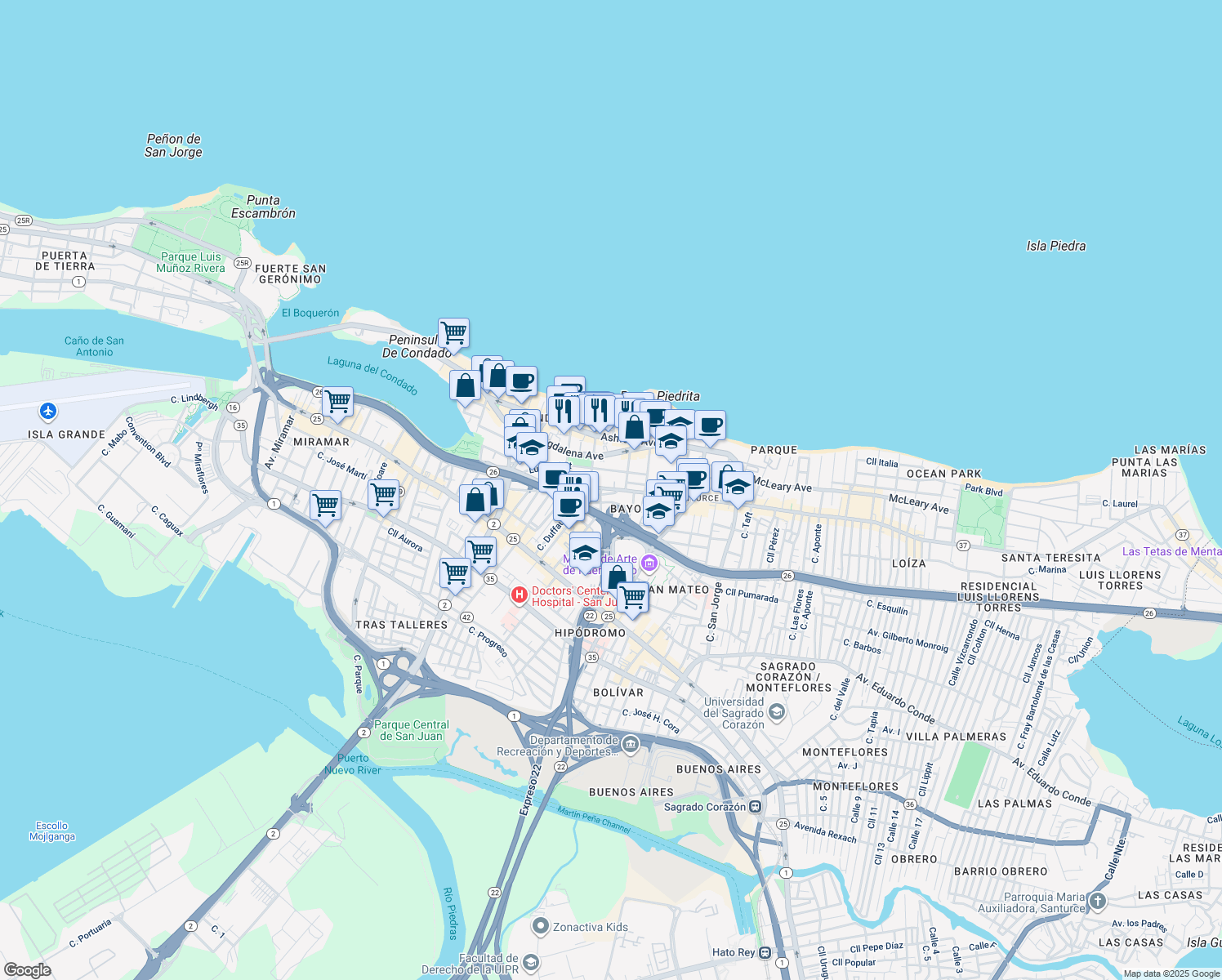 map of restaurants, bars, coffee shops, grocery stores, and more near 84-86 Calle Cervantes in San Juan