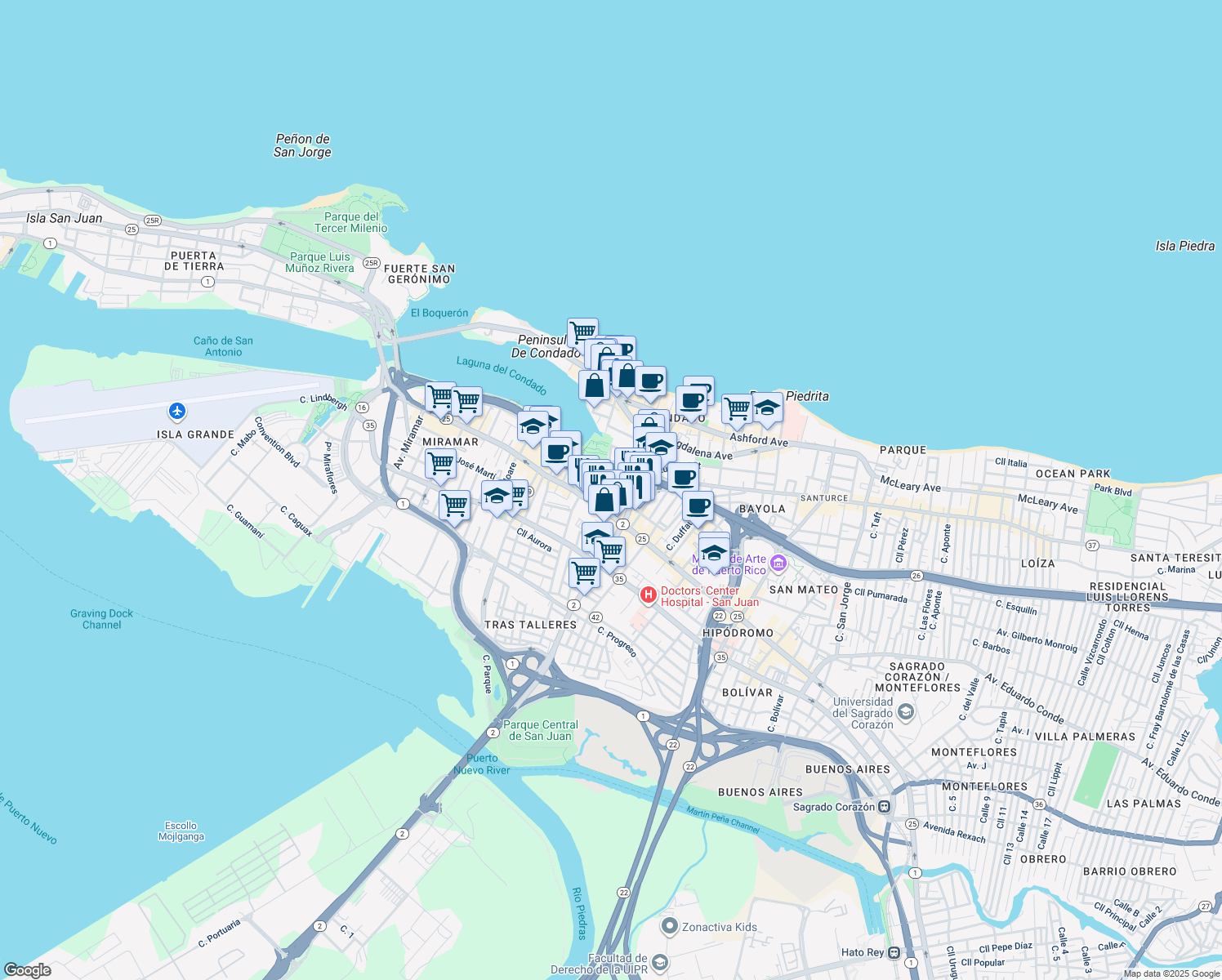 map of restaurants, bars, coffee shops, grocery stores, and more near Cll Soledad in San Juan
