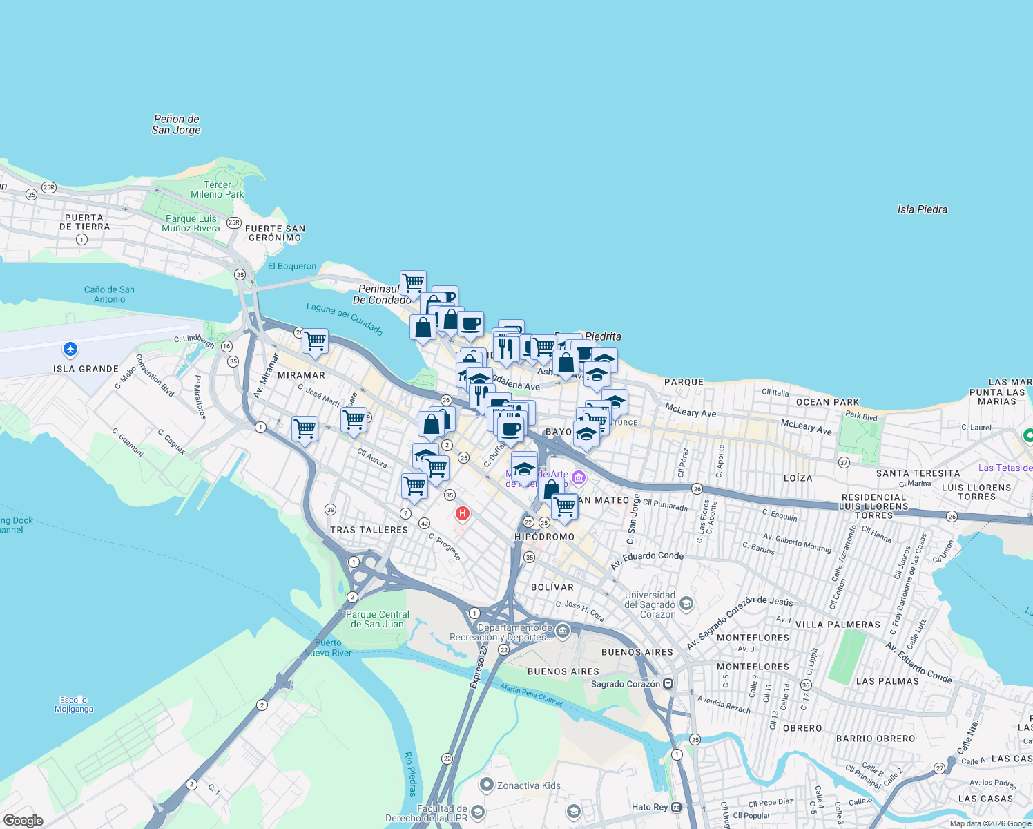map of restaurants, bars, coffee shops, grocery stores, and more near in San Juan
