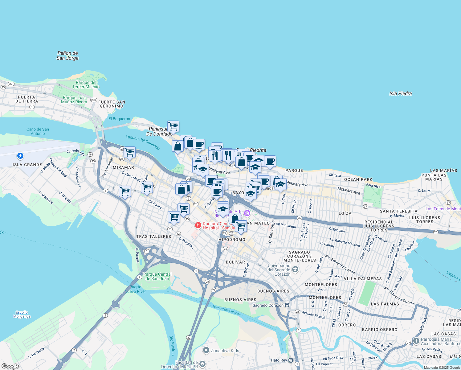 map of restaurants, bars, coffee shops, grocery stores, and more near 84-86 Calle Cervantes in San Juan