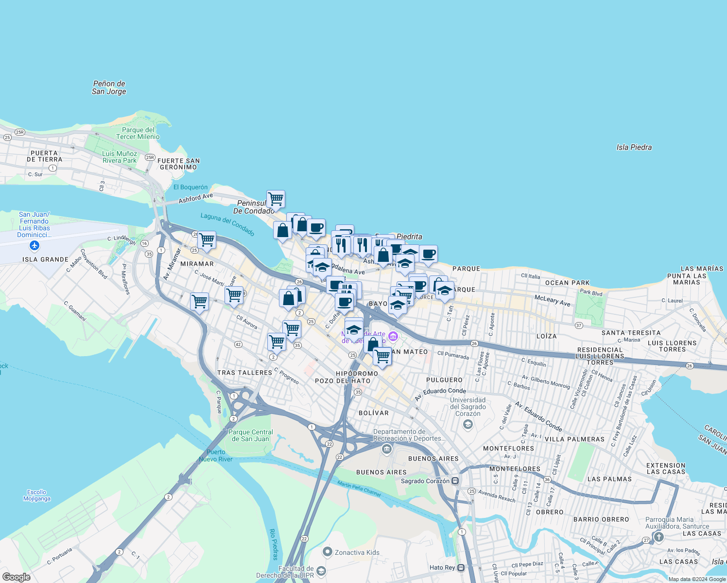 map of restaurants, bars, coffee shops, grocery stores, and more near 84-86 Calle Cervantes in San Juan