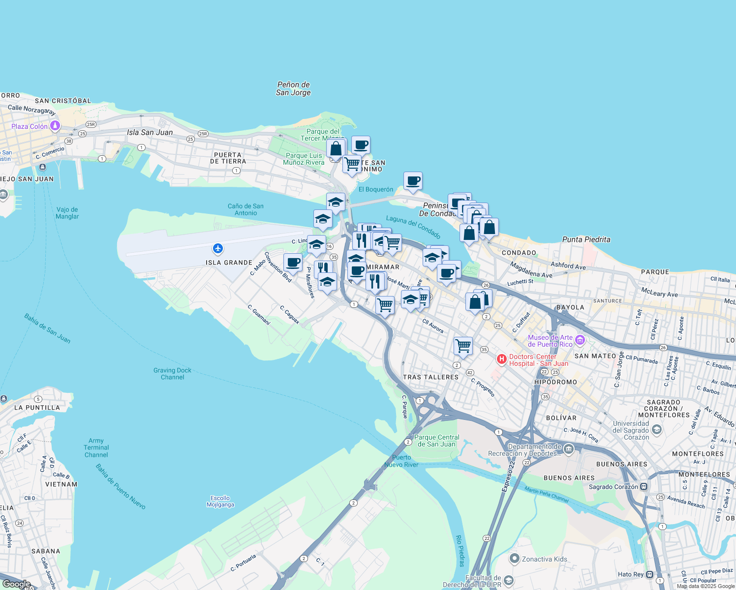 map of restaurants, bars, coffee shops, grocery stores, and more near 710 Avenue Fernandez Juncos in San Juan