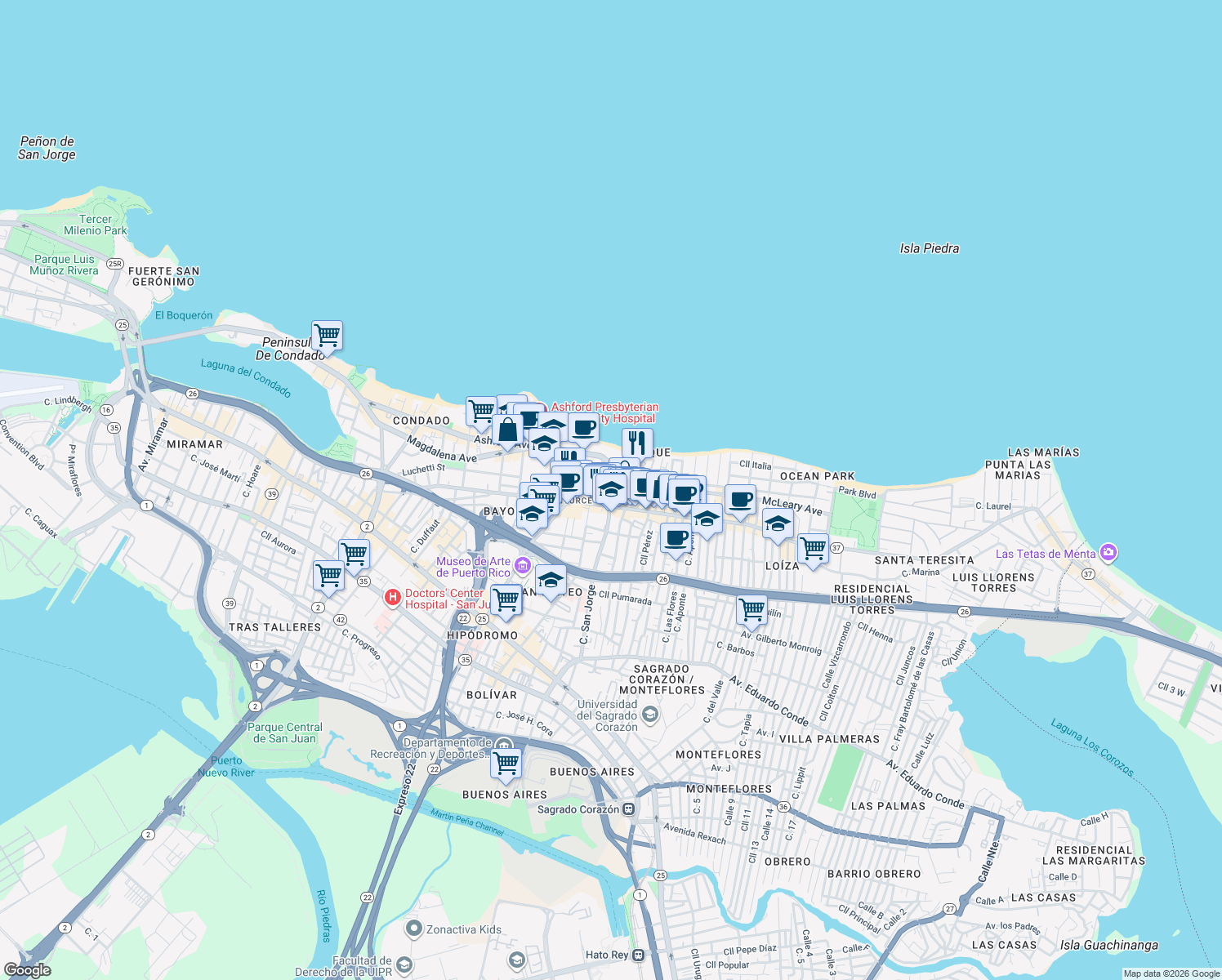 map of restaurants, bars, coffee shops, grocery stores, and more near 70 Calle Kings Court in San Juan