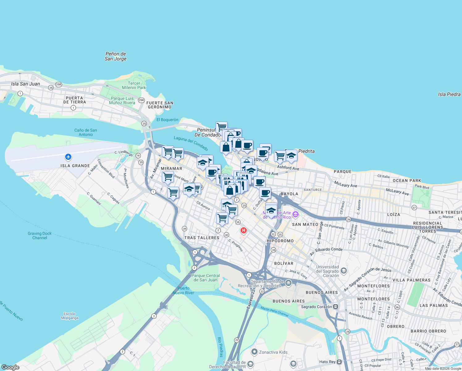 map of restaurants, bars, coffee shops, grocery stores, and more near Cll Soledad in San Juan
