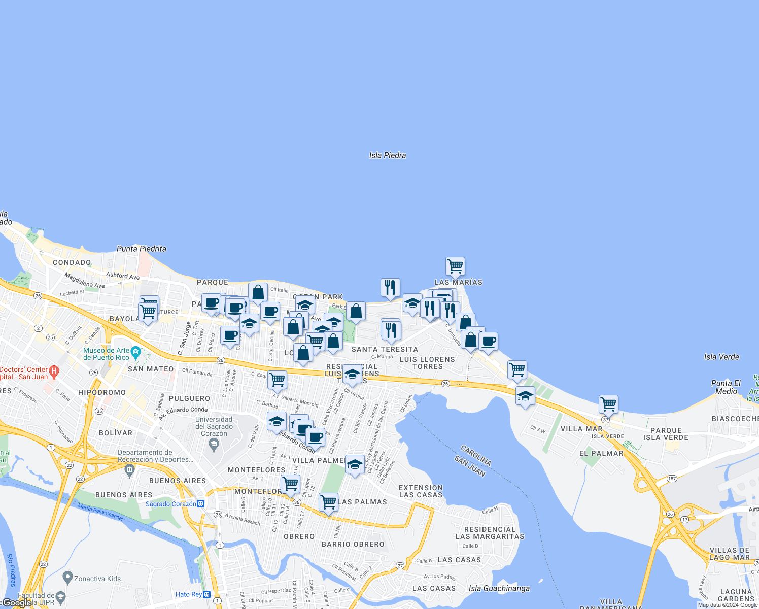 map of restaurants, bars, coffee shops, grocery stores, and more near 2212 Calle Park Boulevard in San Juan