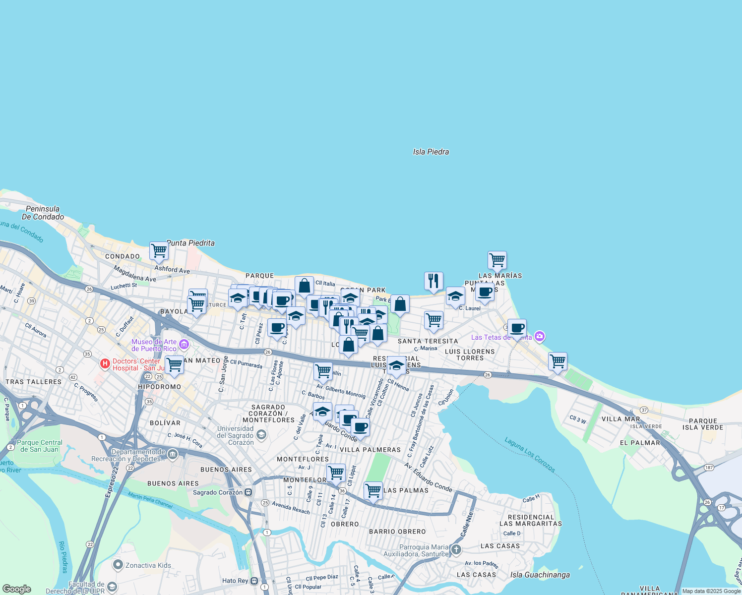 map of restaurants, bars, coffee shops, grocery stores, and more near in San Juan