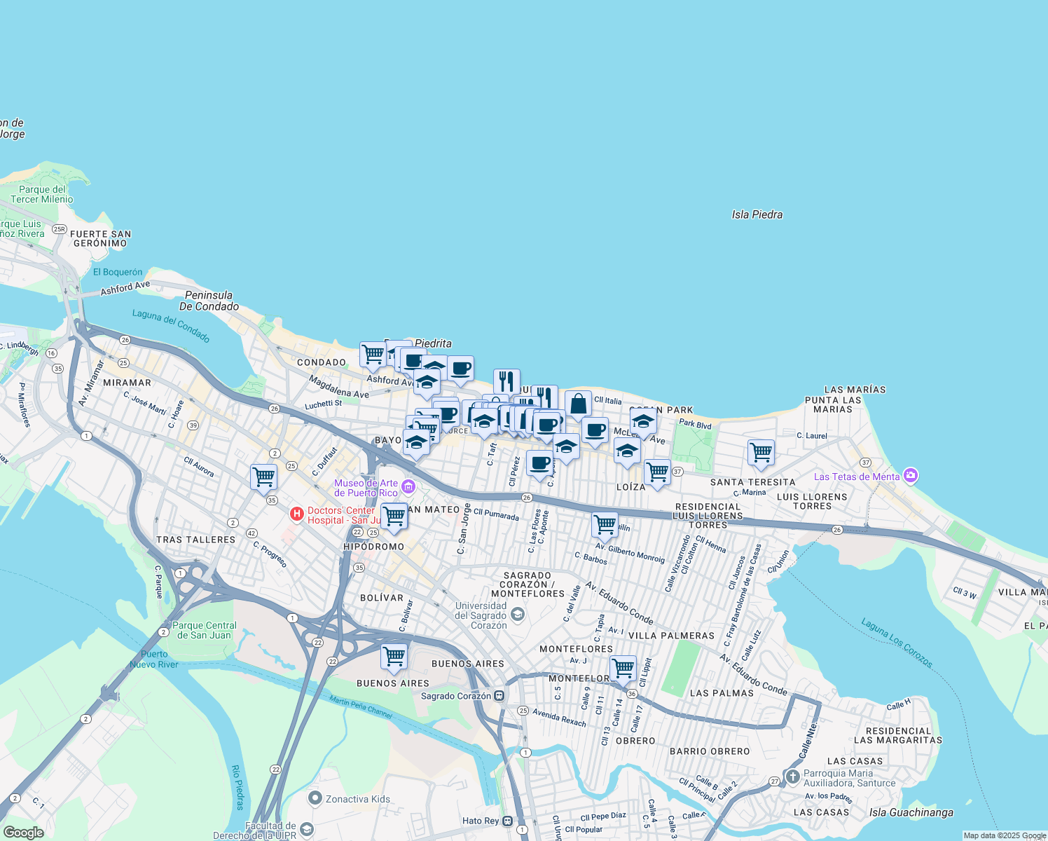 map of restaurants, bars, coffee shops, grocery stores, and more near 16 Calle Pacific in San Juan