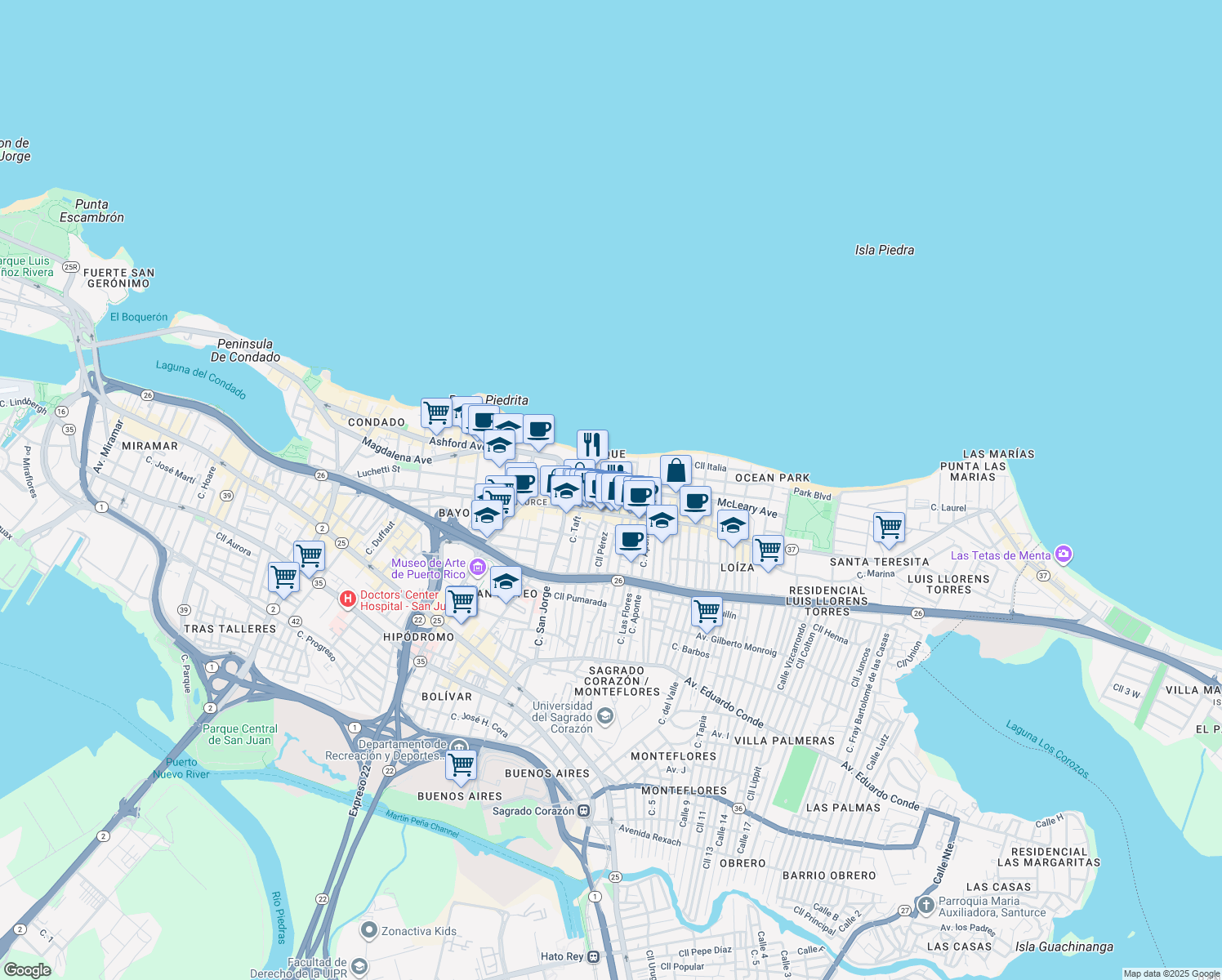 map of restaurants, bars, coffee shops, grocery stores, and more near in San Juan