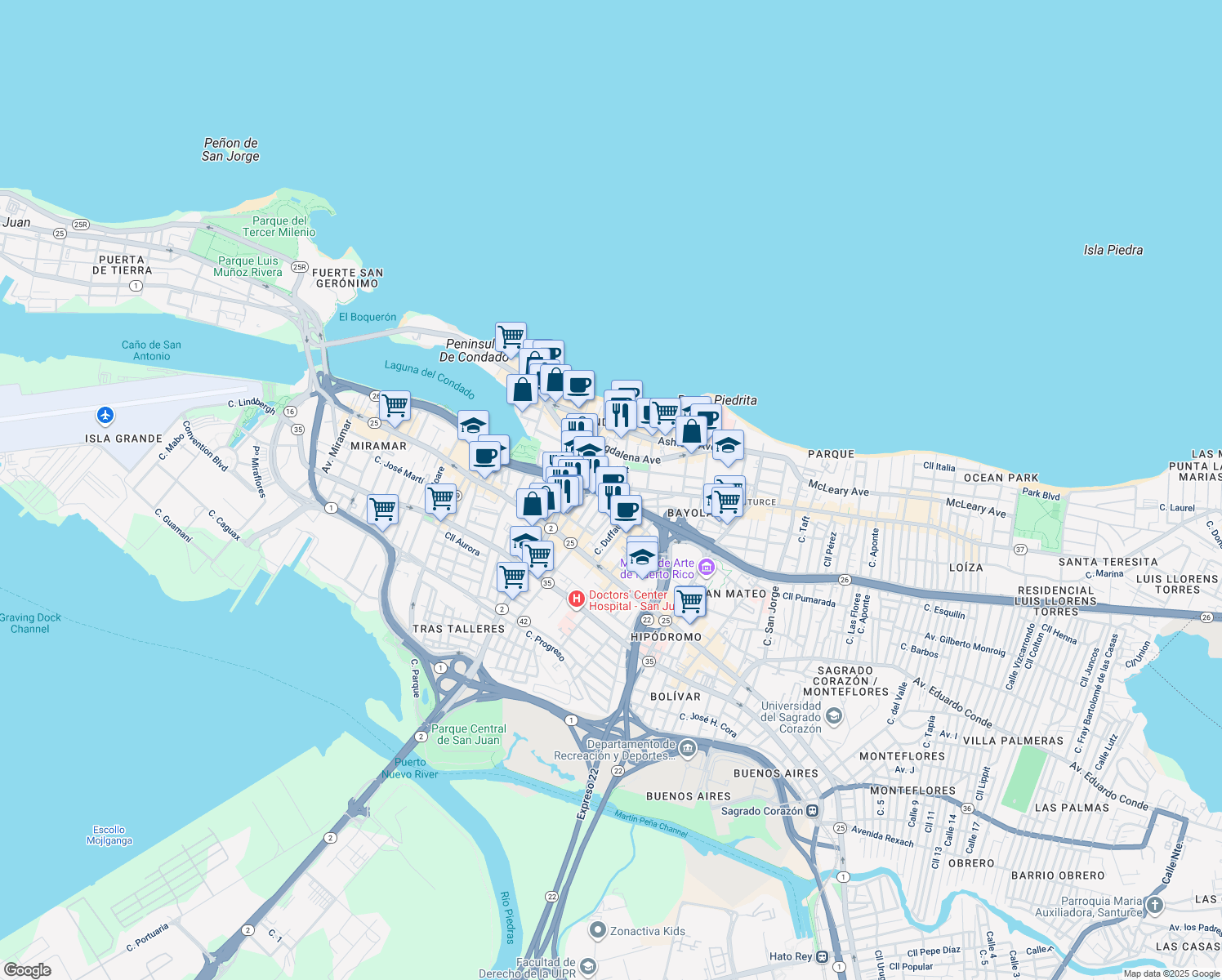 map of restaurants, bars, coffee shops, grocery stores, and more near in San Juan