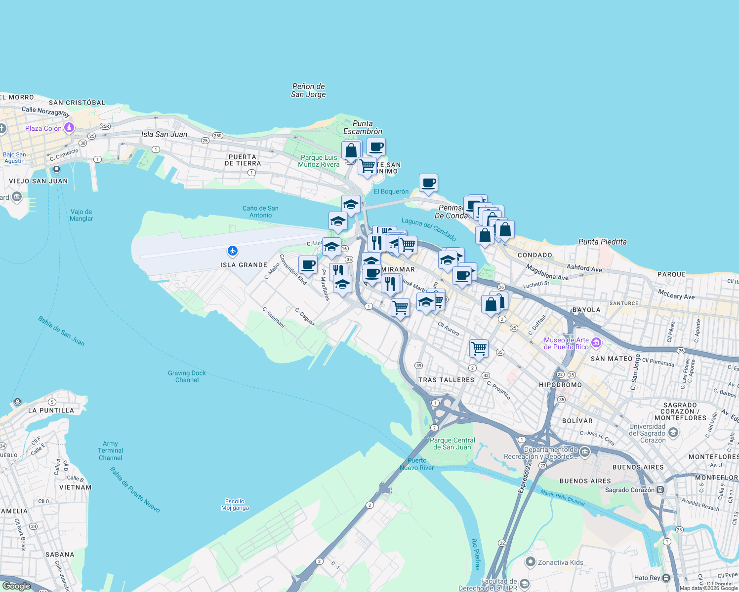 map of restaurants, bars, coffee shops, grocery stores, and more near 710 Avenue Fernandez Juncos in San Juan