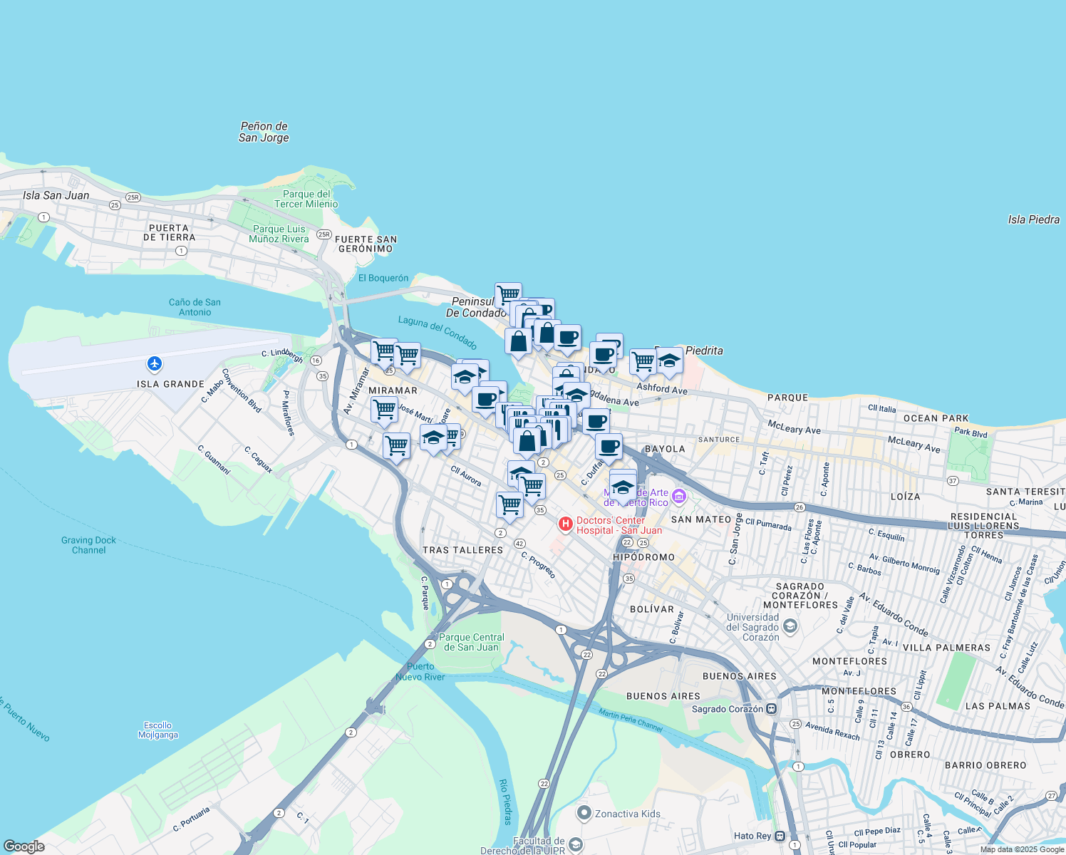map of restaurants, bars, coffee shops, grocery stores, and more near Calle Soledad in San Juan