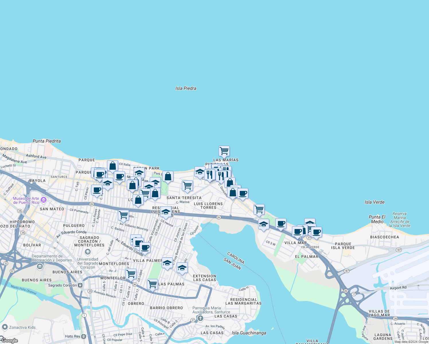 map of restaurants, bars, coffee shops, grocery stores, and more near Calle Caoba in San Juan