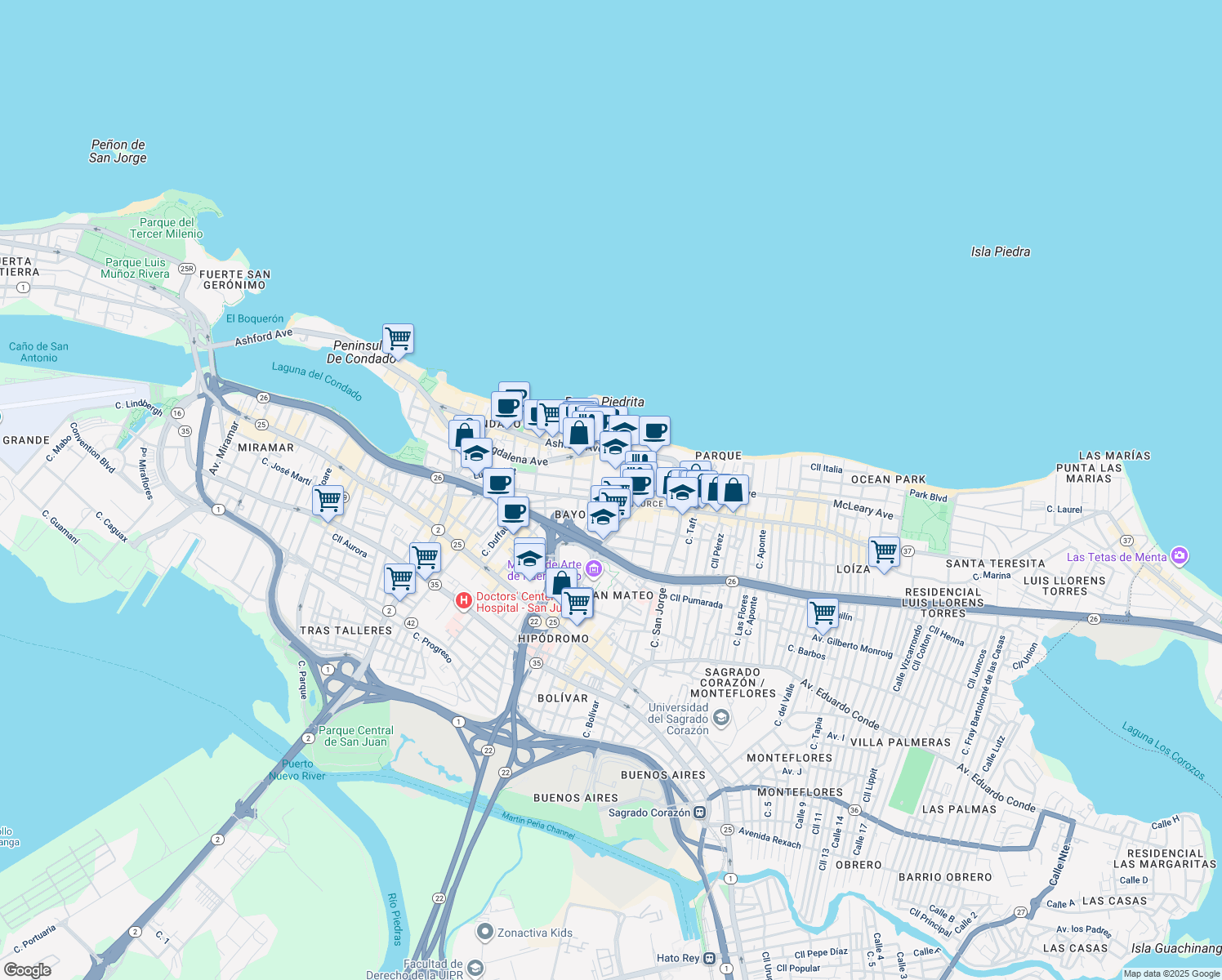 map of restaurants, bars, coffee shops, grocery stores, and more near 66-70 Calle Placid Court 1 in San Juan