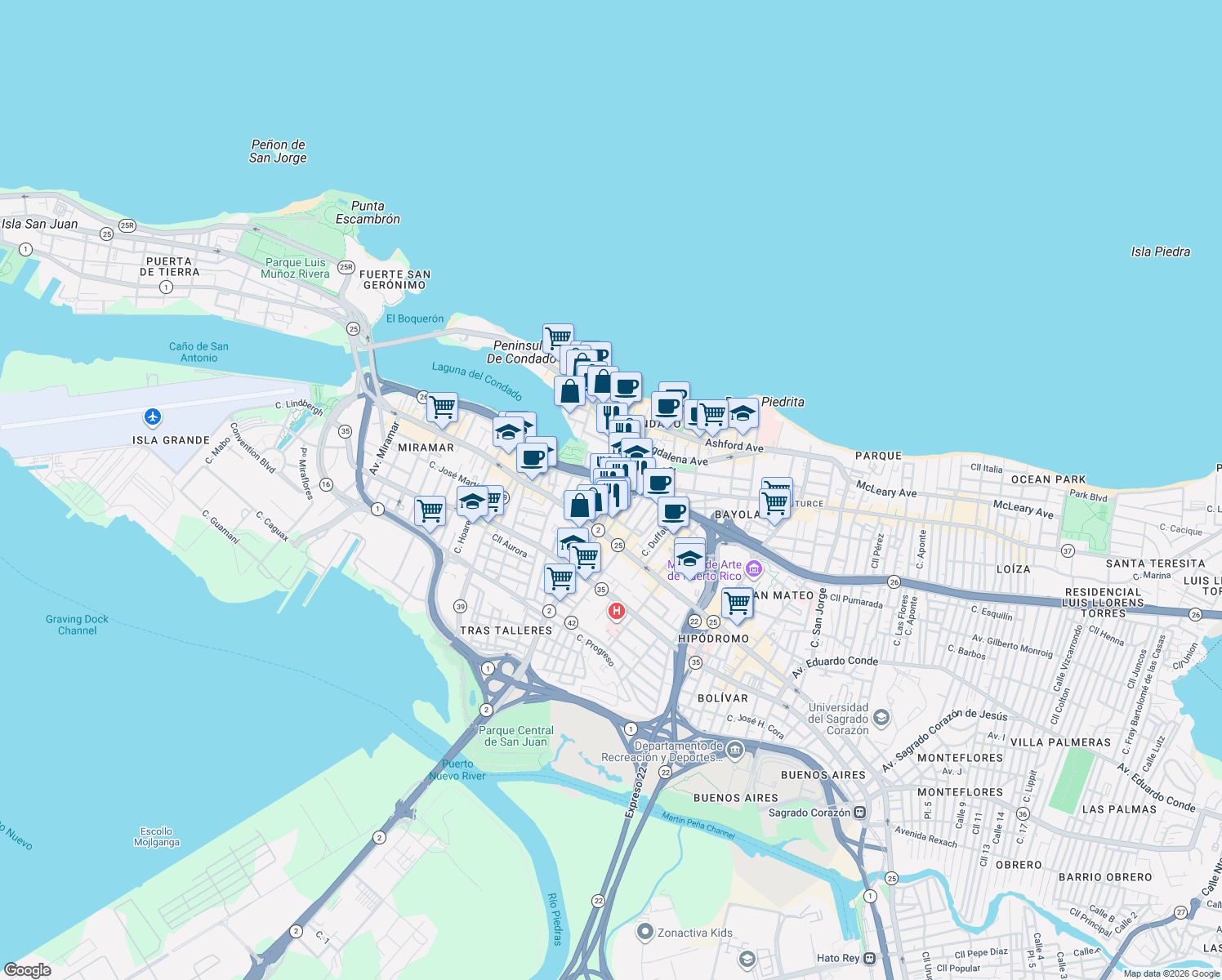 map of restaurants, bars, coffee shops, grocery stores, and more near in San Juan