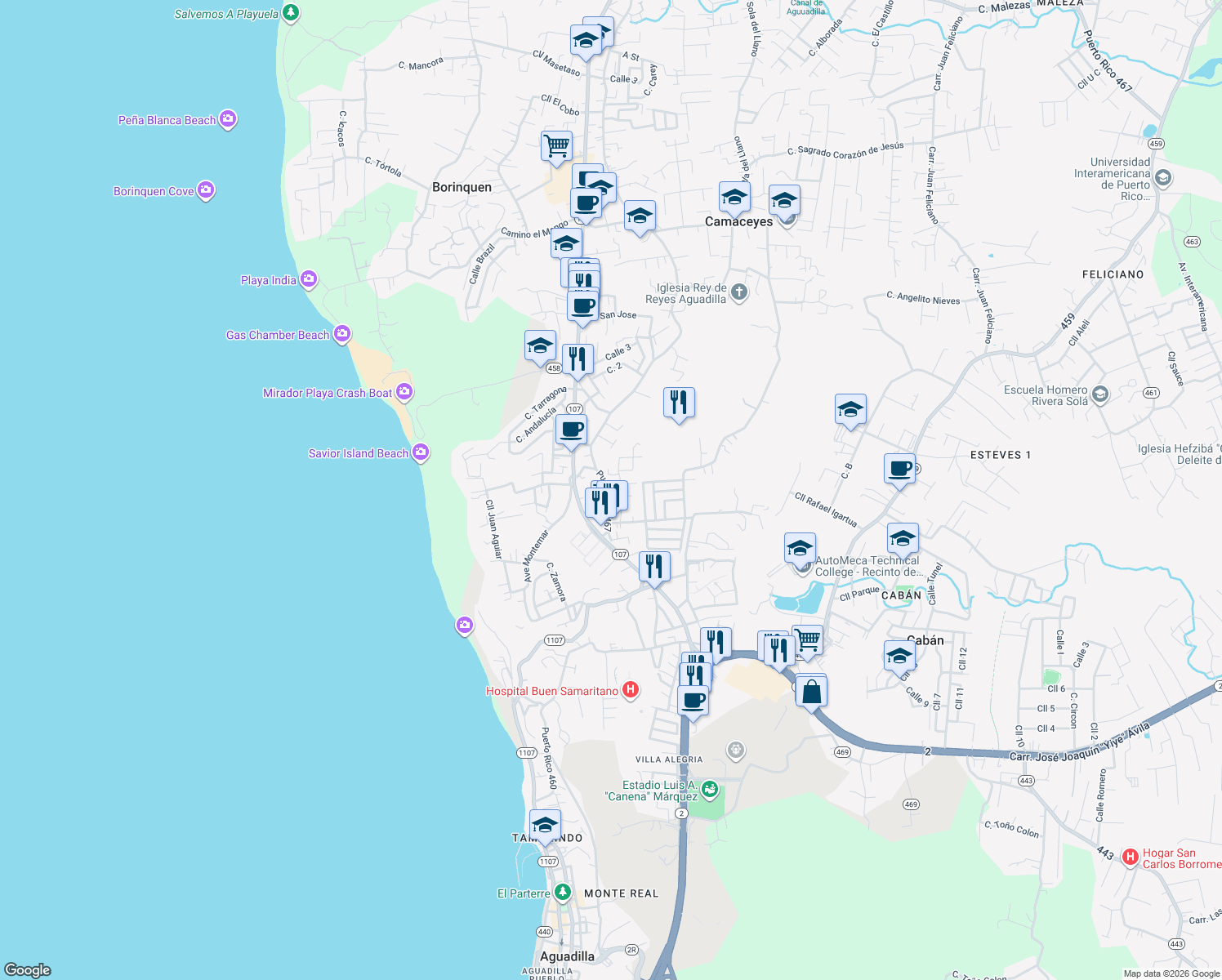 map of restaurants, bars, coffee shops, grocery stores, and more near 84 Puerto Rico 467 in Aguadilla Pueblo