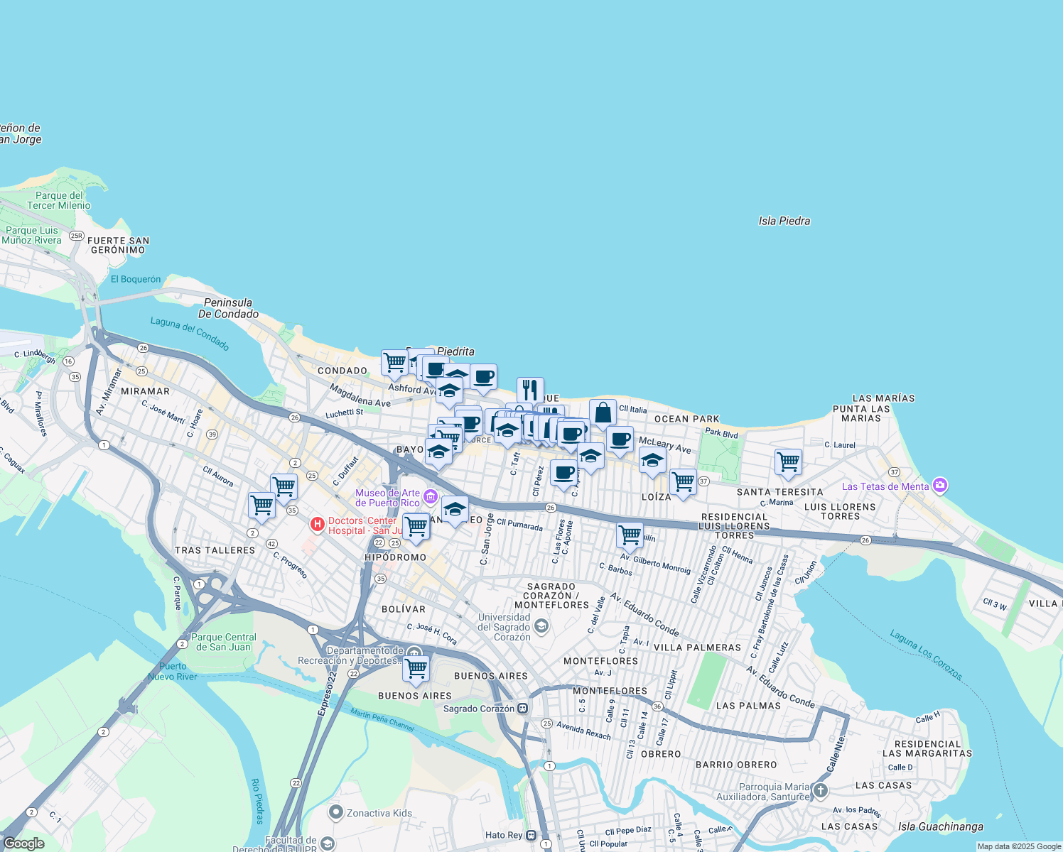 map of restaurants, bars, coffee shops, grocery stores, and more near in San Juan