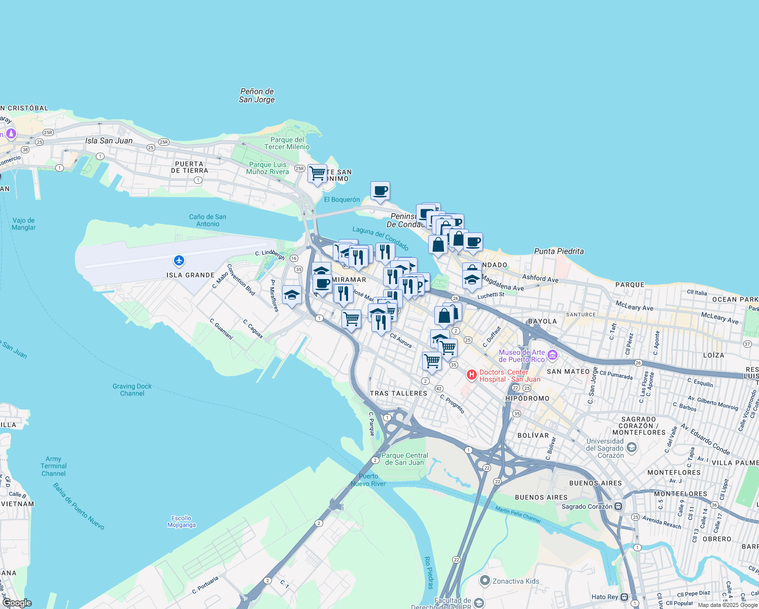 map of restaurants, bars, coffee shops, grocery stores, and more near 900-908 Calle José Martí in San Juan