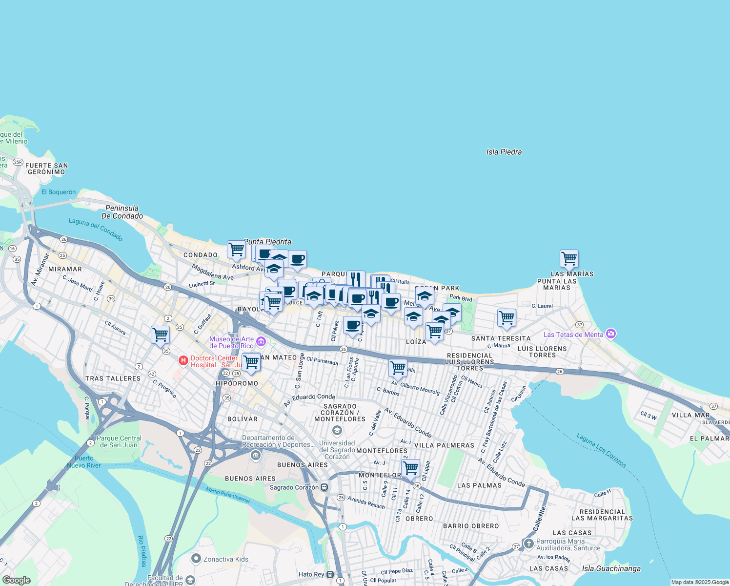 map of restaurants, bars, coffee shops, grocery stores, and more near 3-19 Calle Yardley Pl in San Juan