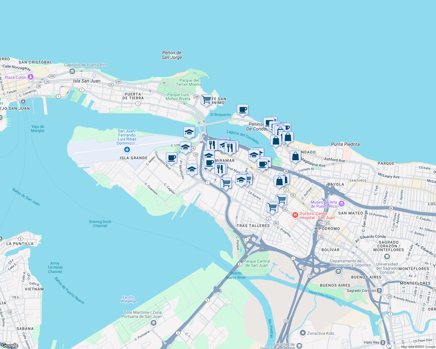 map of restaurants, bars, coffee shops, grocery stores, and more near in San Juan