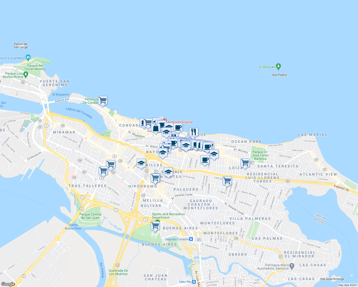 map of restaurants, bars, coffee shops, grocery stores, and more near 1508 Calle Mirsonia in San Juan
