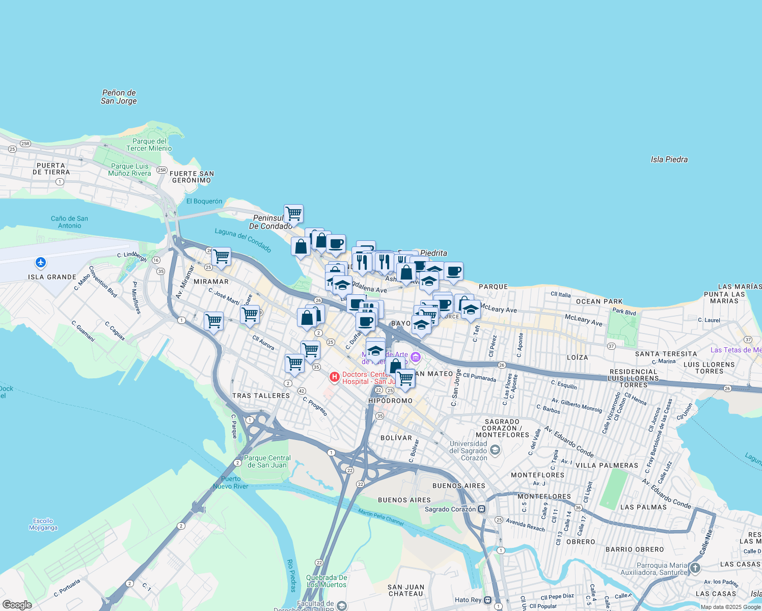 map of restaurants, bars, coffee shops, grocery stores, and more near 84-86 Calle Cervantes in San Juan
