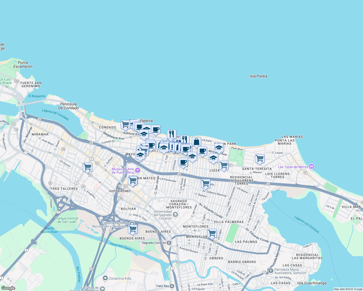 map of restaurants, bars, coffee shops, grocery stores, and more near 16 Calle Pacific in San Juan