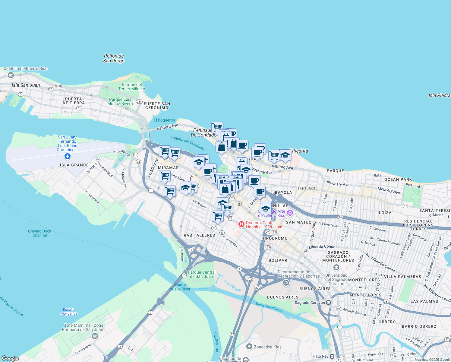 map of restaurants, bars, coffee shops, grocery stores, and more near Cll Soledad in San Juan