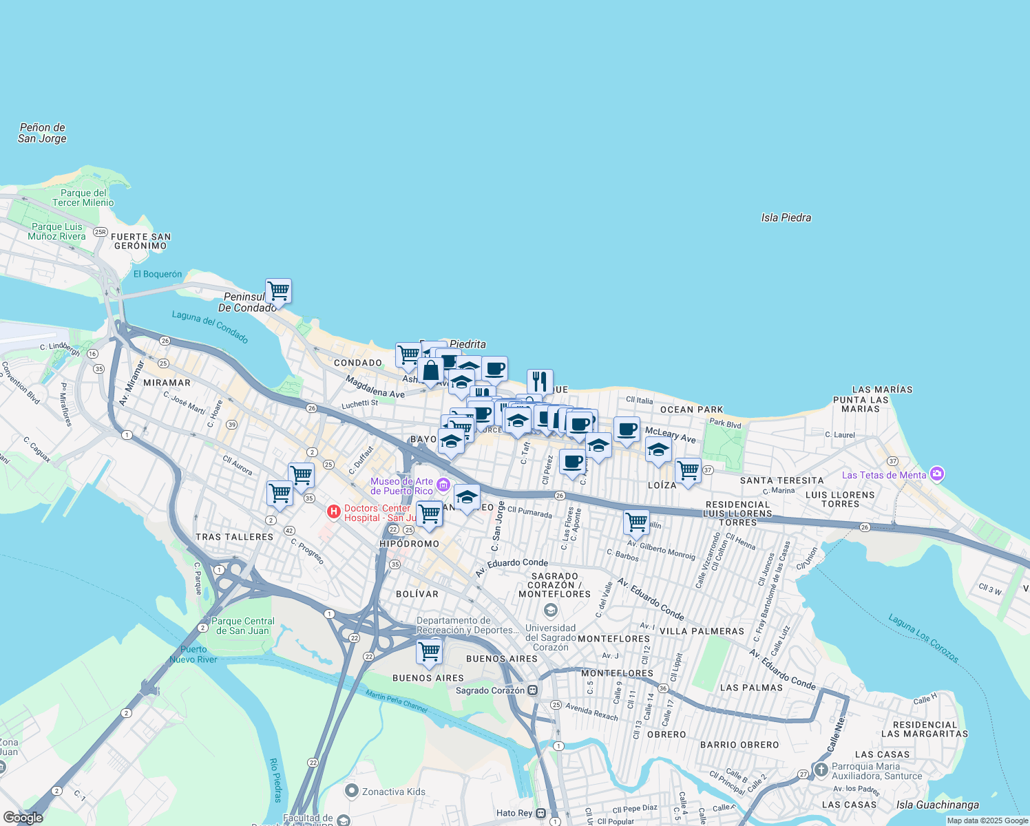 map of restaurants, bars, coffee shops, grocery stores, and more near 70 Calle Kings Court in San Juan