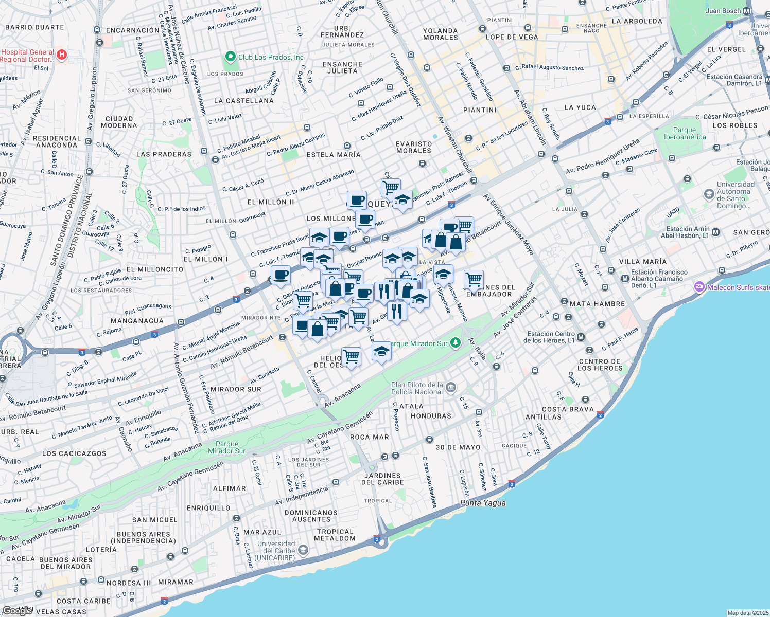 map of restaurants, bars, coffee shops, grocery stores, and more near 77 Av Sarasota in Santo Domingo