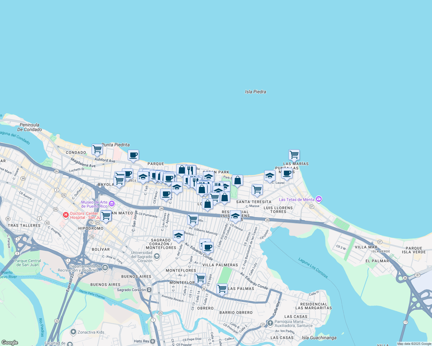 map of restaurants, bars, coffee shops, grocery stores, and more near 2064 Calle España in San Juan