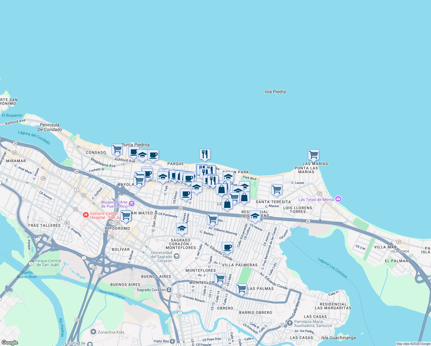 map of restaurants, bars, coffee shops, grocery stores, and more near 2002-2012 Cll España in San Juan
