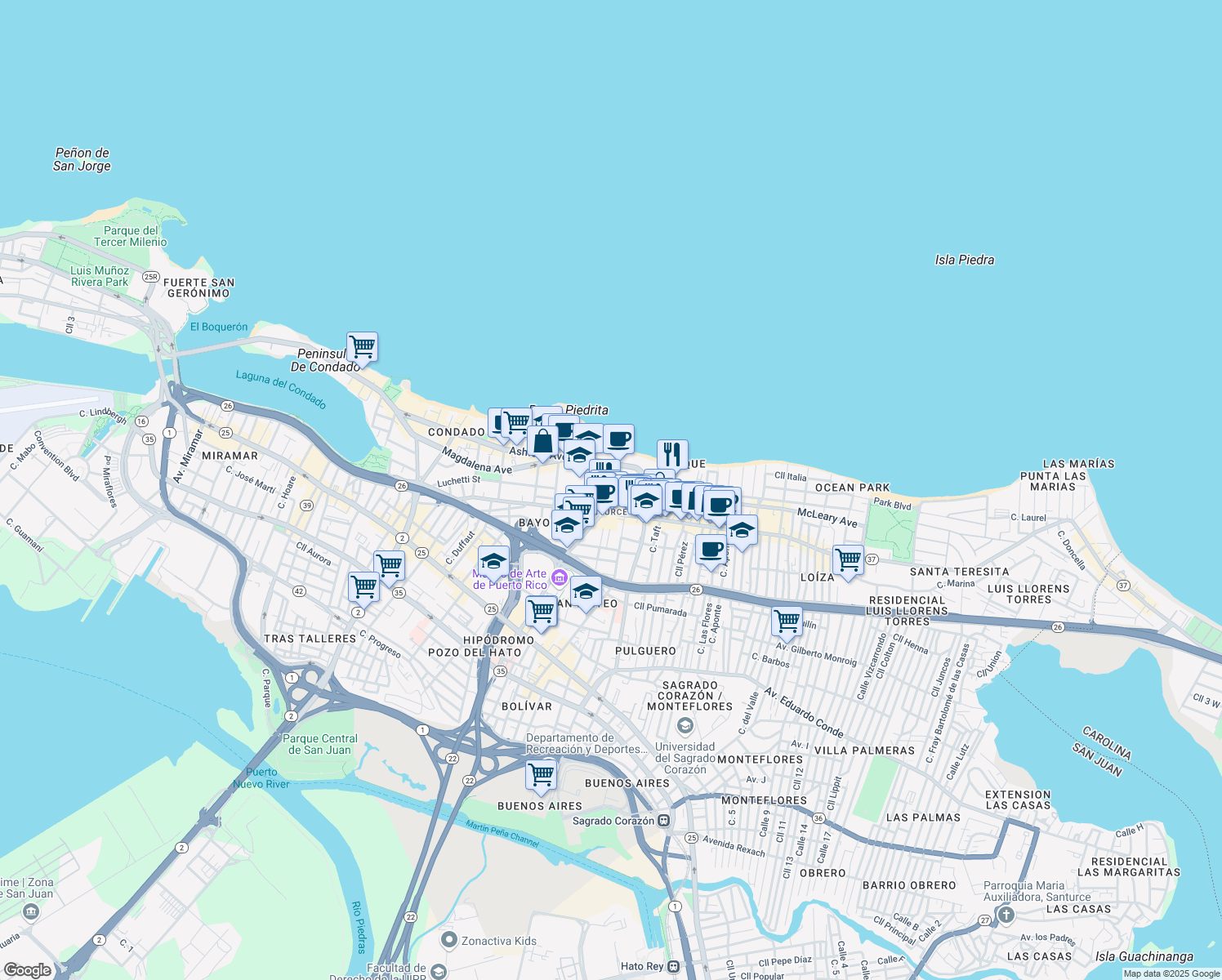 map of restaurants, bars, coffee shops, grocery stores, and more near 1508 Calle Mirsonia in San Juan