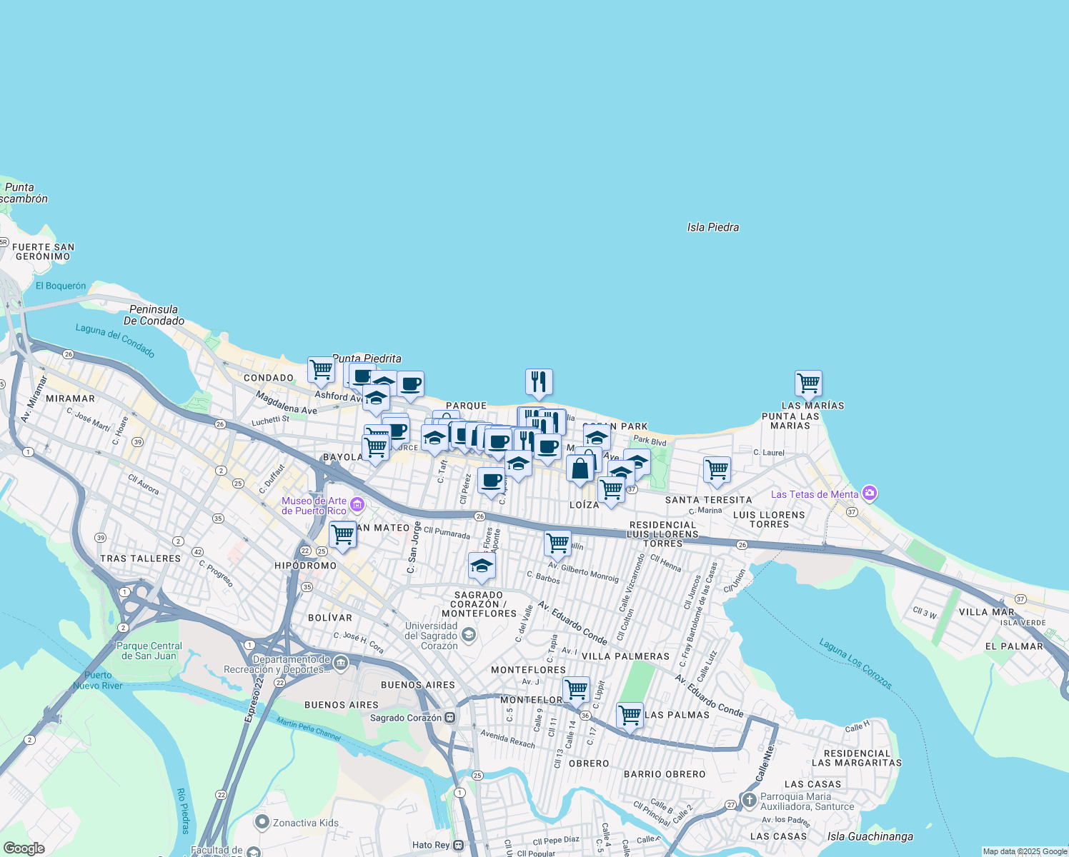 map of restaurants, bars, coffee shops, grocery stores, and more near 18-22 Calle Santa Ana in San Juan