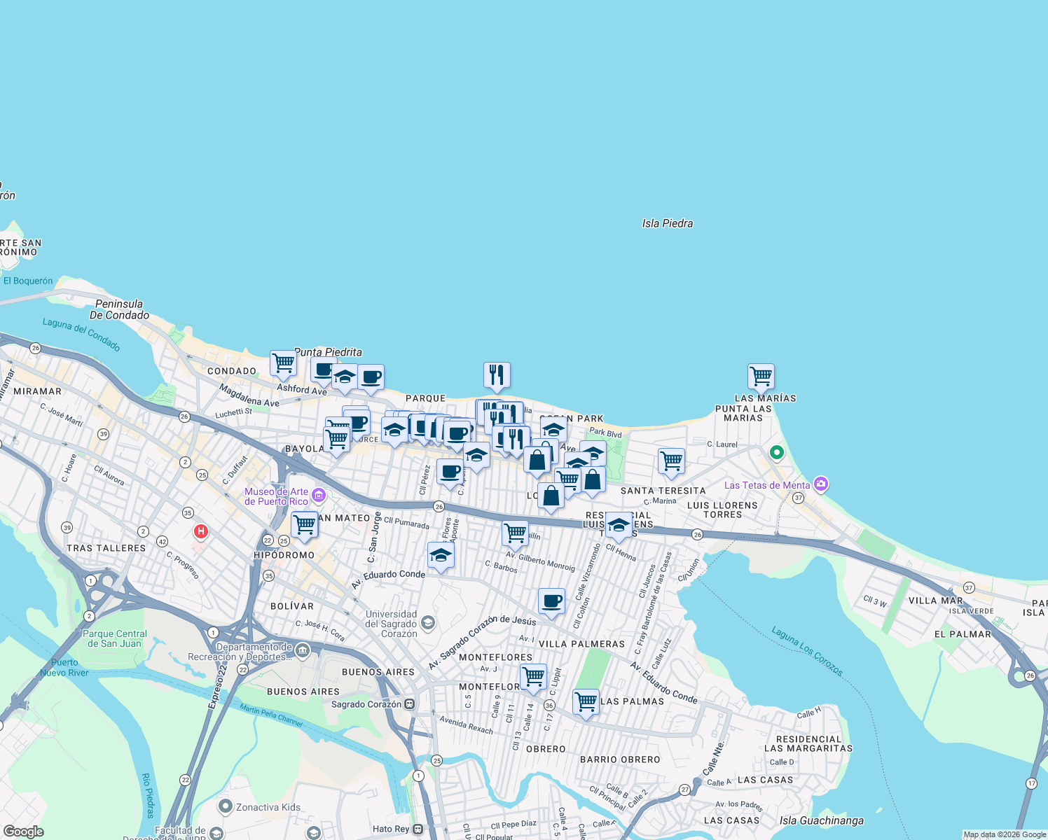 map of restaurants, bars, coffee shops, grocery stores, and more near 2002-2012 Cll España in San Juan
