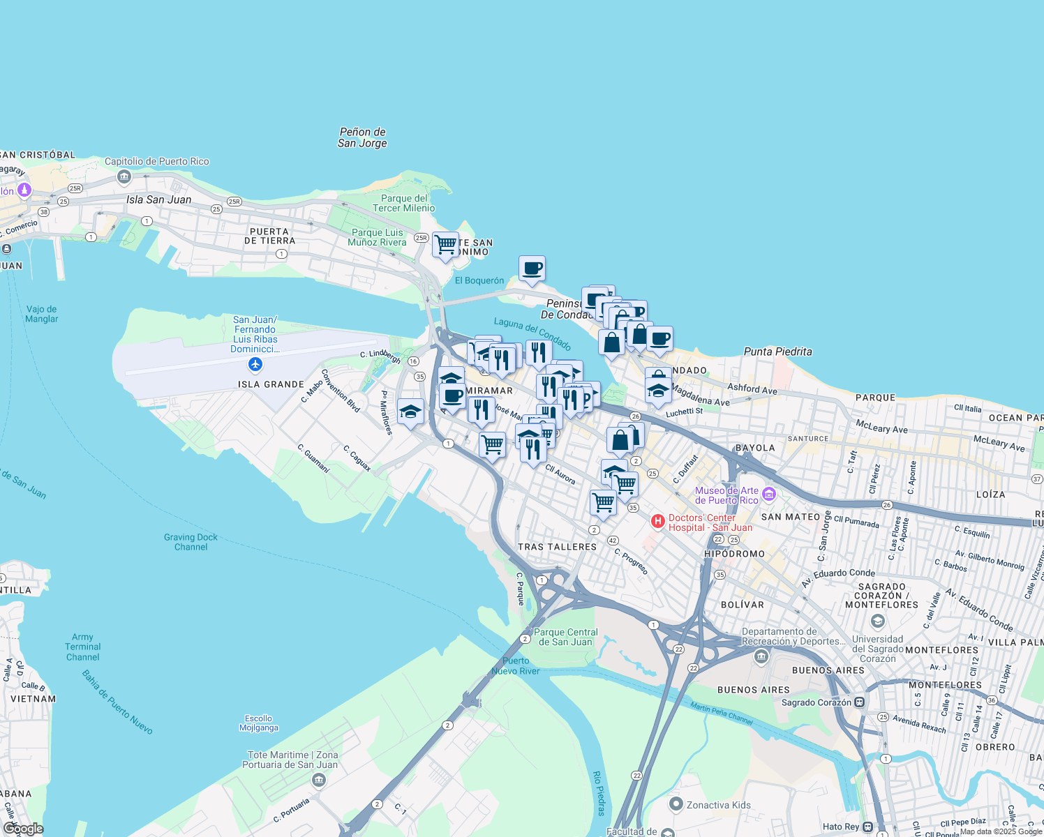 map of restaurants, bars, coffee shops, grocery stores, and more near 900 Calle José Martí in San Juan