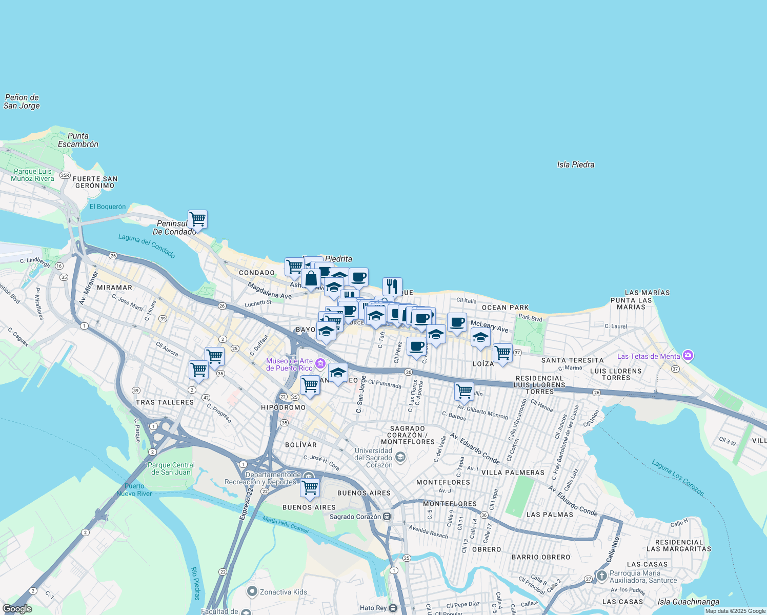 map of restaurants, bars, coffee shops, grocery stores, and more near 70 Calle Kings Court in San Juan