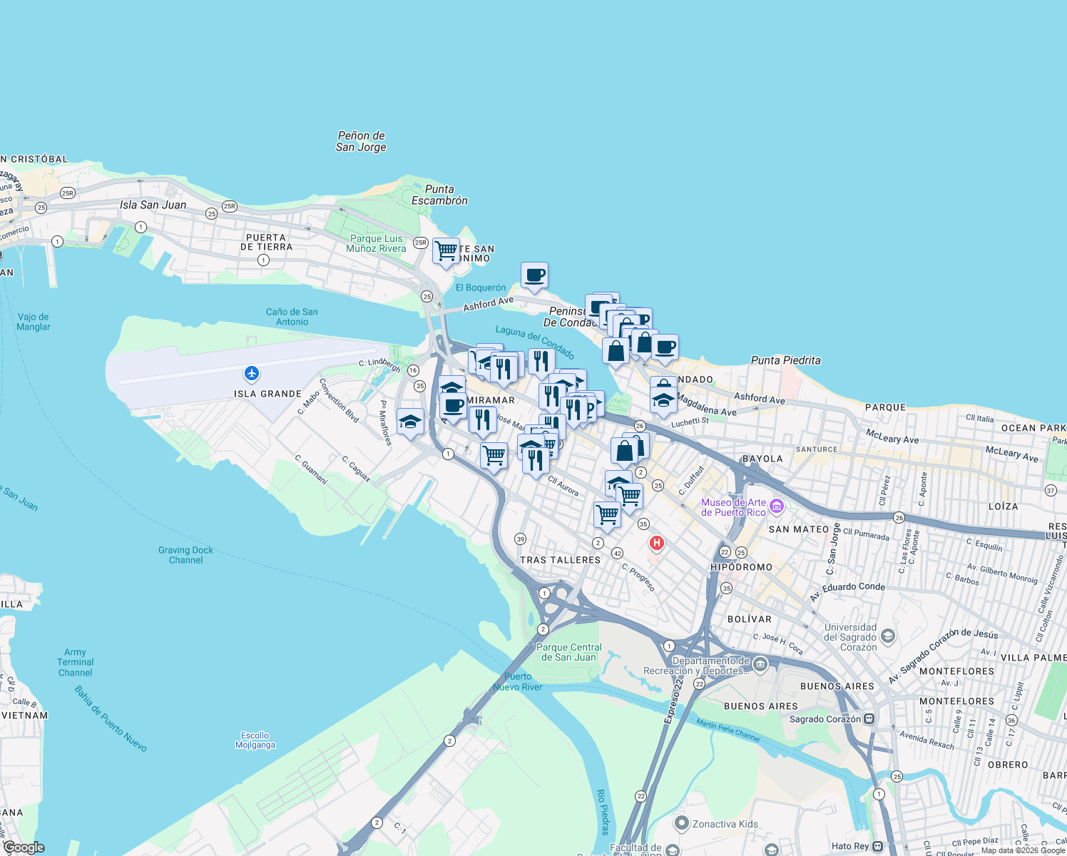map of restaurants, bars, coffee shops, grocery stores, and more near 900-908 Calle José Martí in San Juan