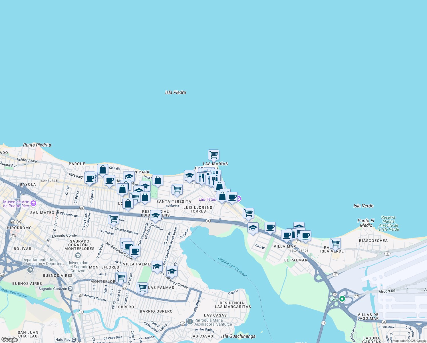 map of restaurants, bars, coffee shops, grocery stores, and more near 19 Calle Emajagua in San Juan