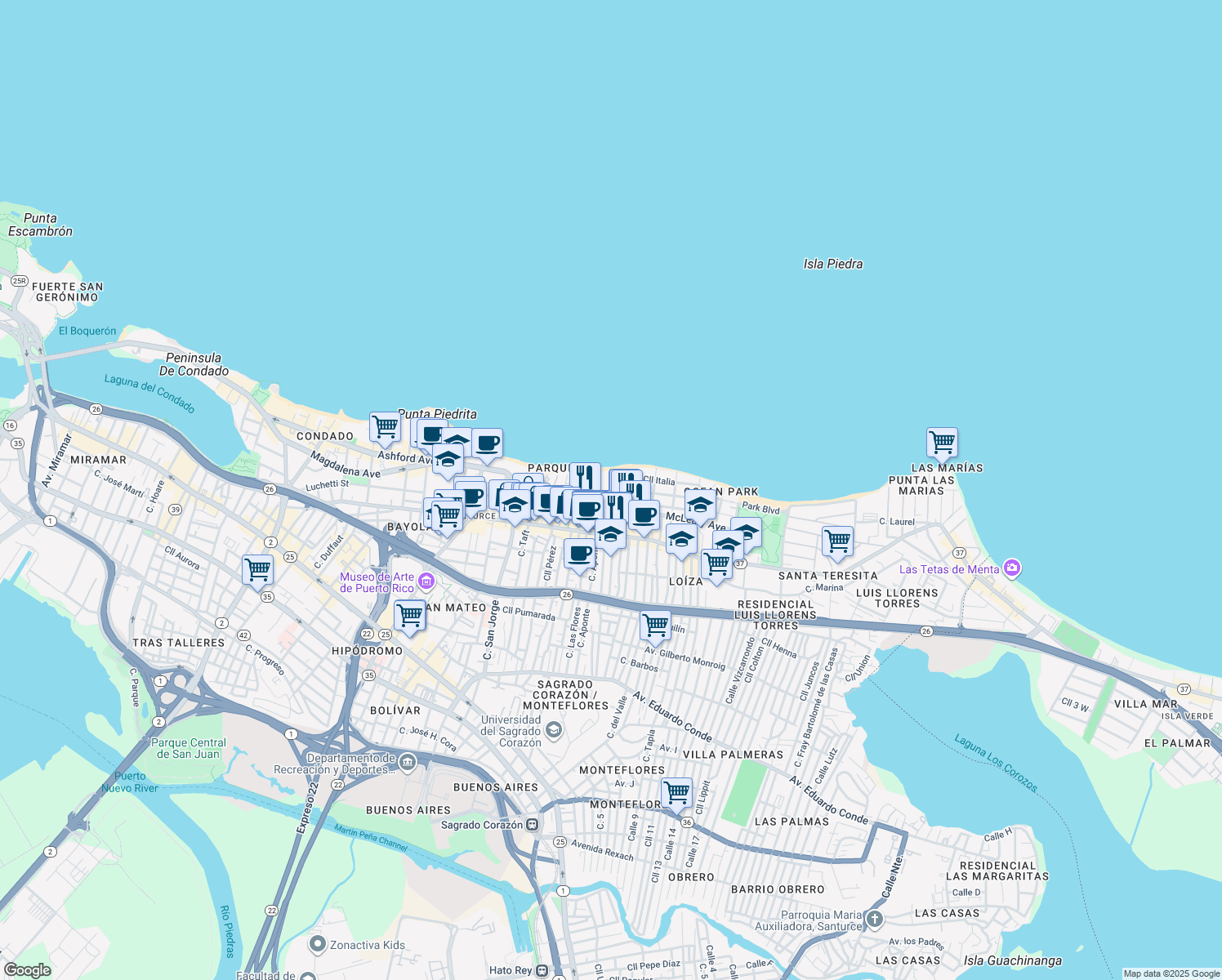 map of restaurants, bars, coffee shops, grocery stores, and more near 3-19 Calle Yardley Pl in San Juan
