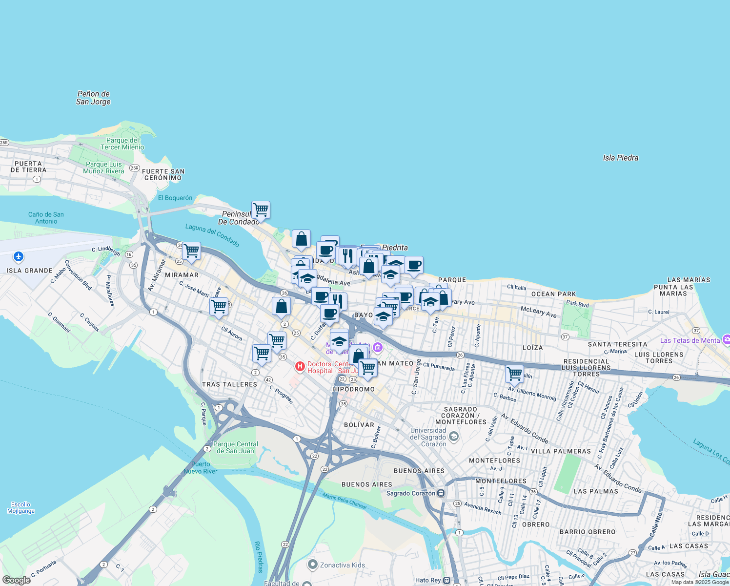 map of restaurants, bars, coffee shops, grocery stores, and more near 72 Calle Manuel Rodríguez Serra in San Juan