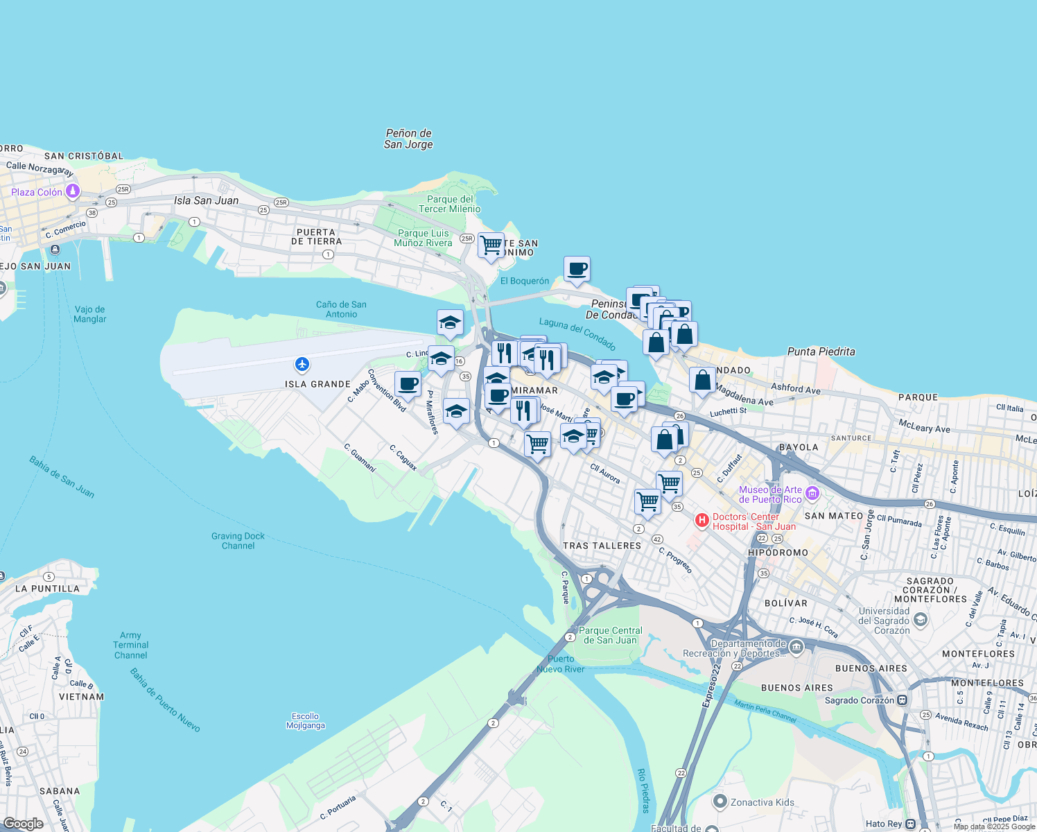 map of restaurants, bars, coffee shops, grocery stores, and more near in San Juan