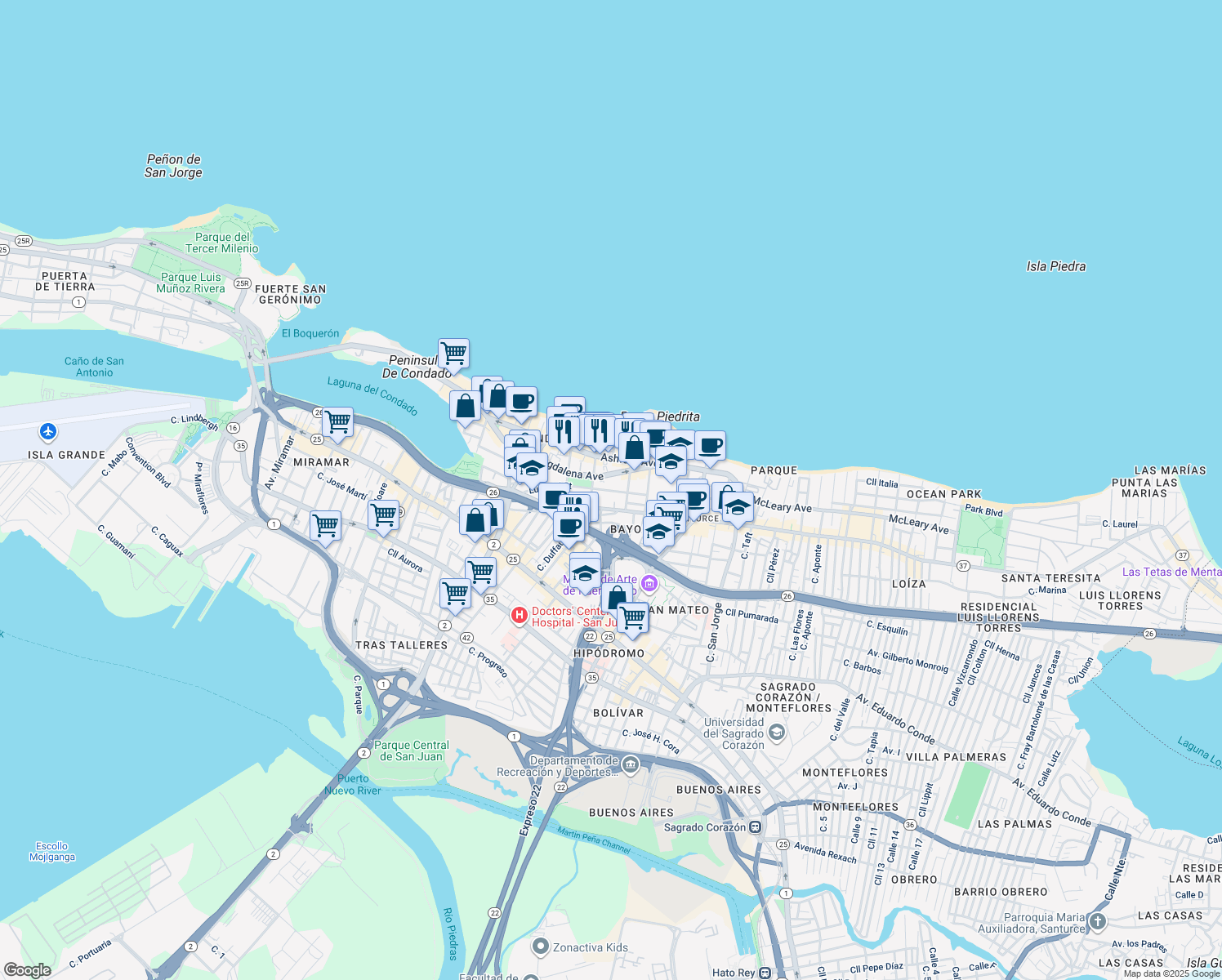 map of restaurants, bars, coffee shops, grocery stores, and more near 84-86 Calle Cervantes in San Juan