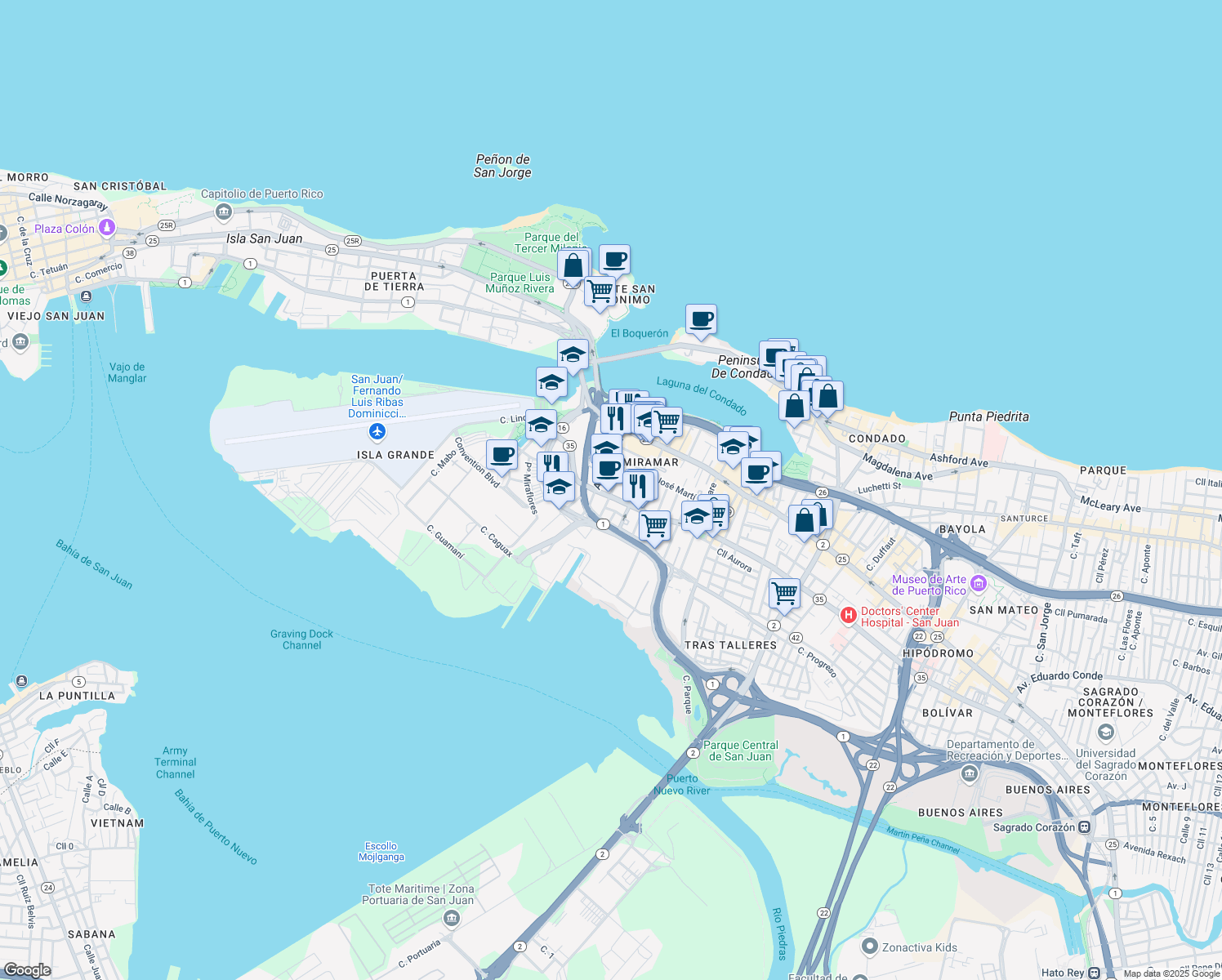 map of restaurants, bars, coffee shops, grocery stores, and more near 710 Avenue Fernandez Juncos in San Juan